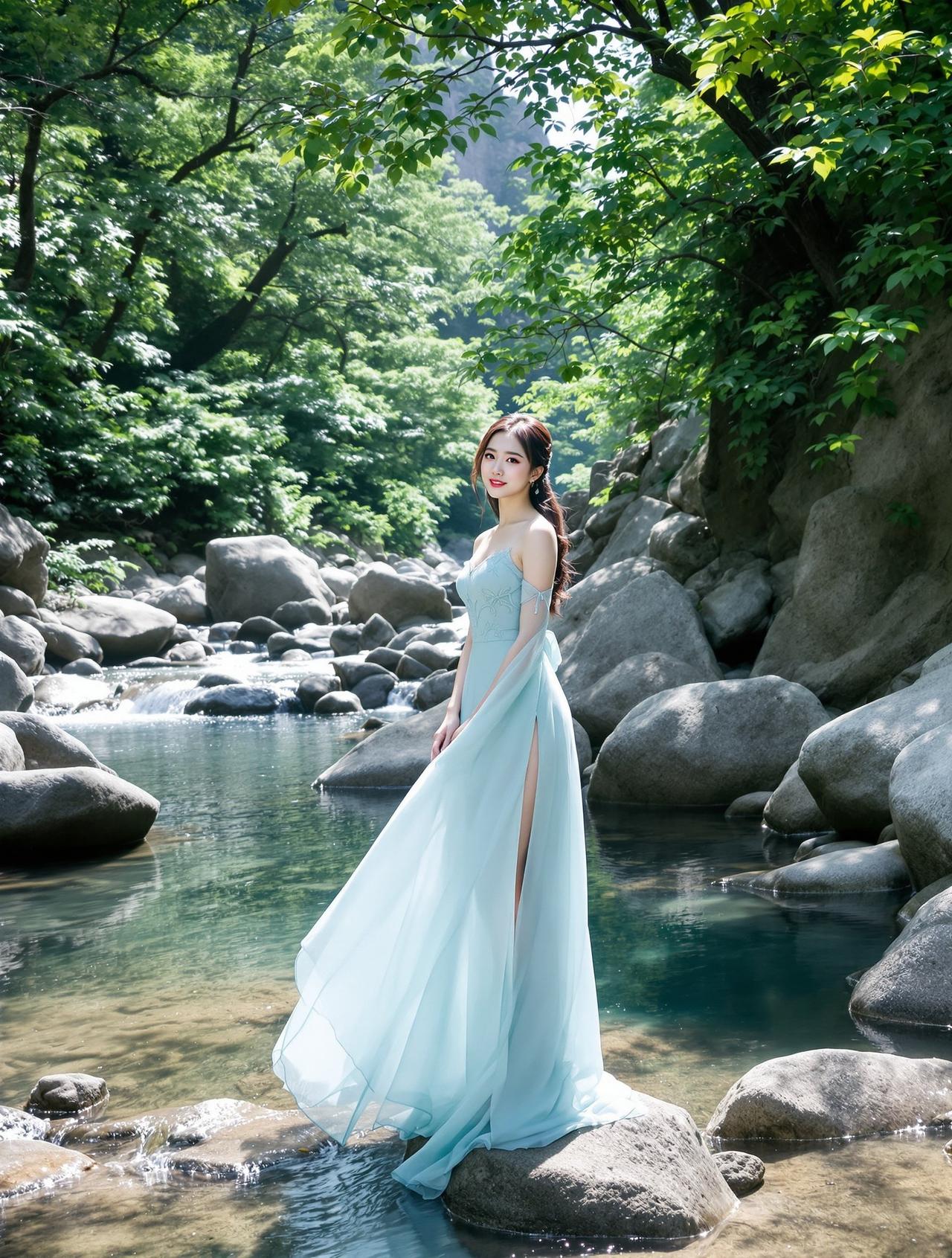 溪边少女 - 身着飘逸浅蓝裙的女性站在清澈山间溪流旁 - 每日福利