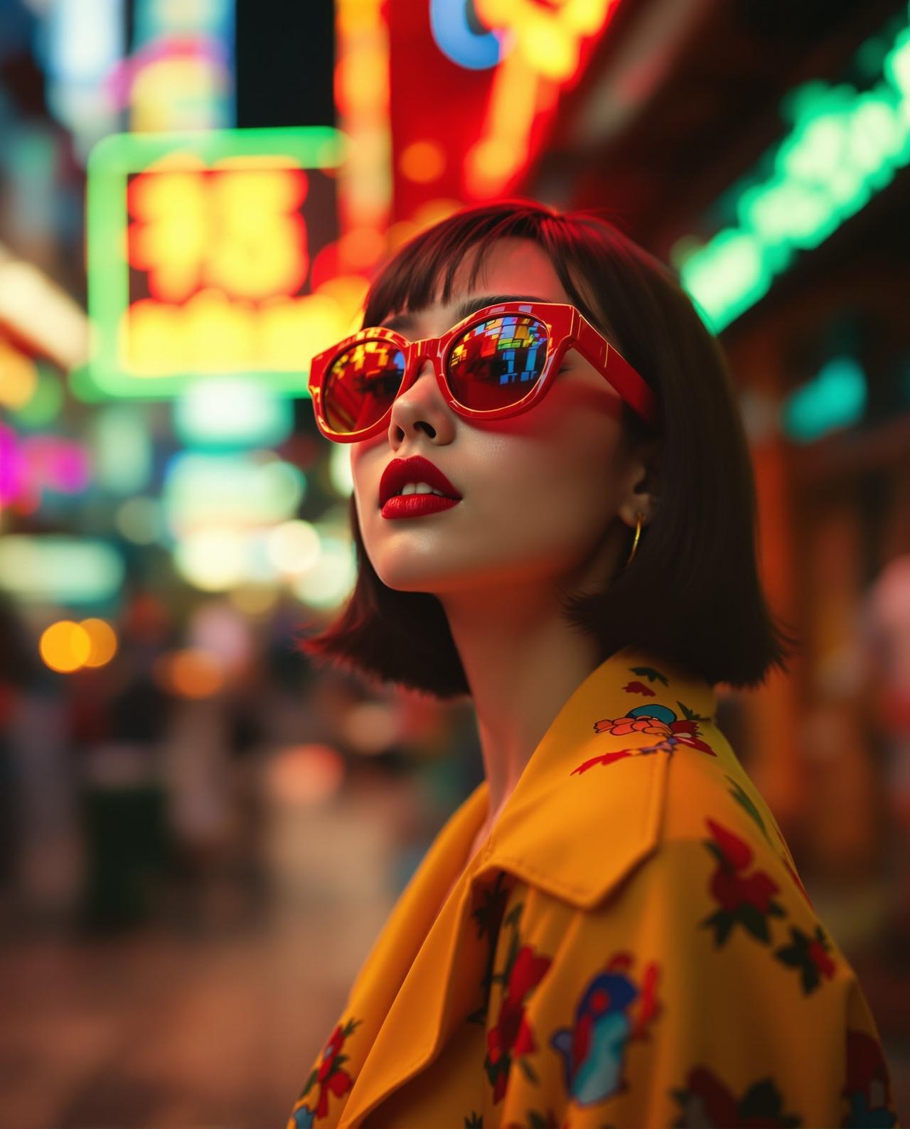 复古港风 - 身着80年代港风复古时尚的女性在霓虹街头背景前，经典韵味写真 - 每日福利